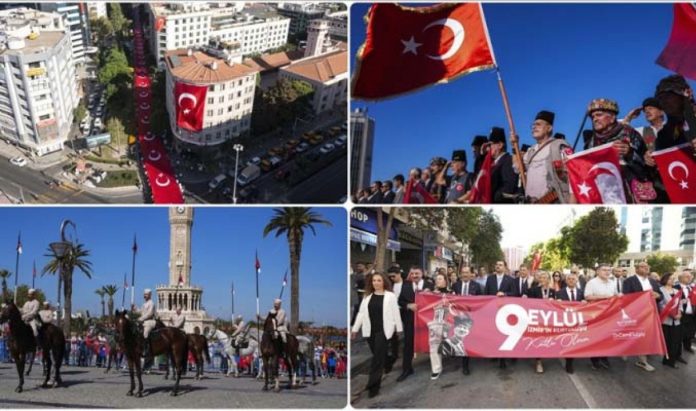İzmir'de 350 metrelik bayrakla zafer yürüyüşü
